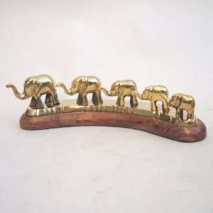 HANDTOOLED HANDCRAFTED BRASS ELEPHANT CARAVAN ON A HARDWOOD BASE