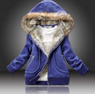 Womens Fluffy Hood Ribbed Hem Warm Thick Lined Zip Up Short Hoodie 