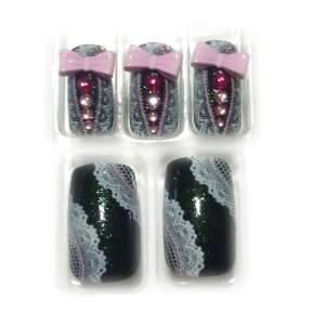  Black Glitter & White Lace w/ 3D Pink Bow & Rhinestones 