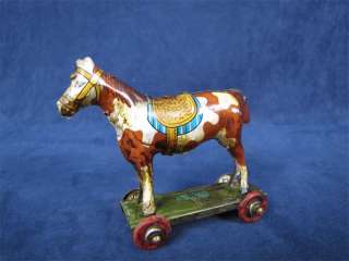Vintage Tin Litho Penny Toy Horse Wheeled Cart Germany  