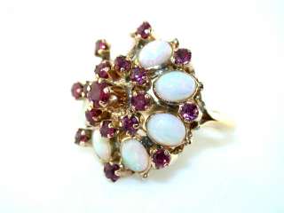 Vintage OPAL & RUBY DOME CROWN 14K YELLOW GOLD RING  