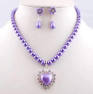 FREE Purple Heart Imitate Pearl Czech Rhinestone Necklace Flower 