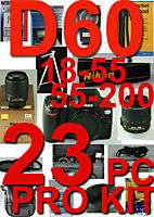 Nikon D60 W/ 18 55 VR & 55 200mm 23 PC PRO KIT 5 Lens 411378078551 