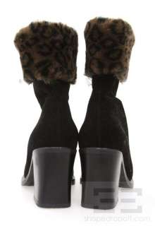 La Canadienne Black Suede & Leopard Print Faux Fur Trim Ankle Boots 