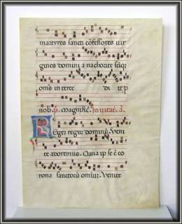   very fine old antiphonal leaf, hand illuminated on parchment/leather