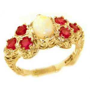 Solid English Yellow Gold Womens Large Opal & Ruby Art Nouveau Ring 