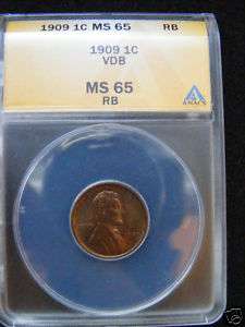 1909 VDB LINCOLN CENT ANACS MS 65 RB PENNY COPPER #9  
