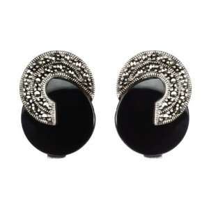  Sterling Silver Marcasite and Black Onyx Swirl Earrings Jewelry