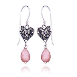   Sterling Silver Marcasite and Pink Shell Heart Drop Earrings Jewelry