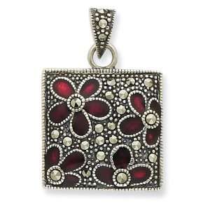   Silver Marcasite Red Enamel Flowers in Square Pendant Jewelry