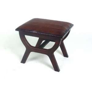  Rectangular Stool w Wood Legs and Brown Faux Leather Seat 