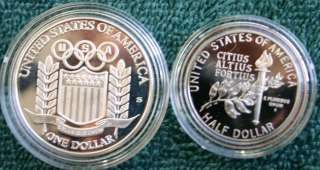 1992 Olympic 2 Coin Set Proof Silver Baseball Dollar & Gymnast Half w 