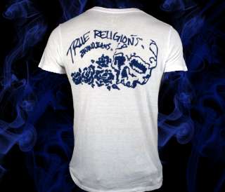 True Religion jeans Mens VINTAGE SKULL tri blend cotton t shirt White 
