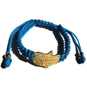 Blue Macrame Bracelet Accentuated By a 22 Karat Gold Plated Hamsa Hand