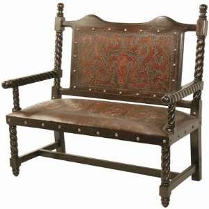  Hand Tooled Leather Colonial Solomon Bench w Rope Twist 