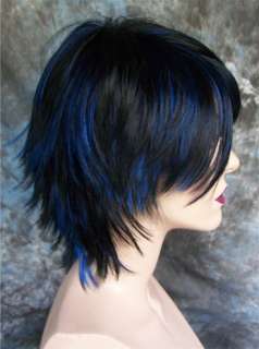 LARGE FIT.Goth Jet Black with Blue highlights Wig/Wigs  