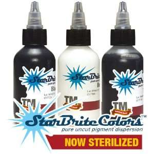  Starbrite WHITE BLACK 3 SET Sterile Tattoo Ink 1/2 OZ 