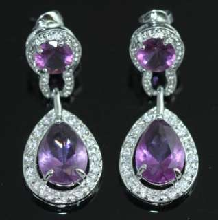 PURPLE SILVER PLATED BRIDAL PROM BEAUTY PAGEANT STUDDED EARRINGS 