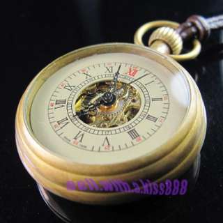 Wind Up Bronze Vintage New Brass Antique Small Pocket Watch+Leather 
