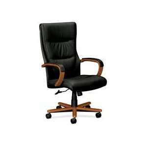 support, leather upholstery, and padded leather upholstered wood arms 