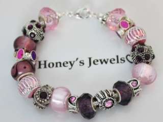 European Charm Bracelet w/19 Murano & Silver Charms & Beads Pink 