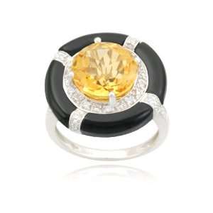 : 10k White Gold Round Citrine Onyx Diamond Ring (1/9 cttw, I J Color 