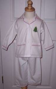 Christmas Pjs Pajamas White Boys Tree Embroidery Lightweight Cotton 