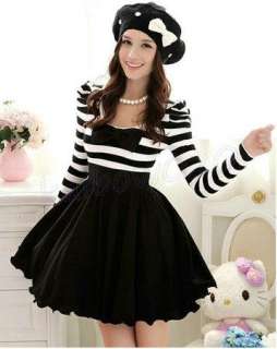 New Black White Stripes Puff Long Sleeve Bowknot Slimming Women Dress 