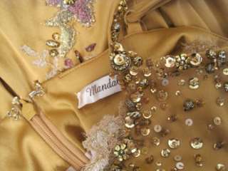 1298 Mandalay Dress Gold Brown Applique Beaded 6 S #0007F3  