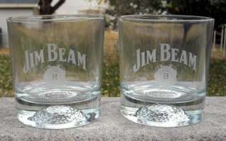 SET OF 2 JIM BEAM ETCHED WHISKEY ROCKS GLASSES GOLF BALL BOTTOM  