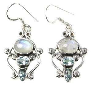   Silver Moonstone and Blue Topaz 6ct Dangle Fish Hook Earrings: Jewelry