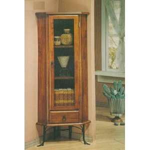 Distressed Style Oak Wood Corner Cabinet with Iron Gate Meshed Design 