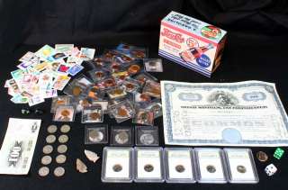 PEPSI AD BOX FILLED w/ COINS, COLLECTIBLES & PAPER MONEY  