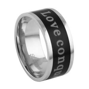 10mm Stainless Steel Ring with Black IP  Love Conquers All   Size 13