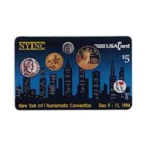 Collectible Phone Card: $5. Coins Over New York Skyline. NYINC NY Int 
