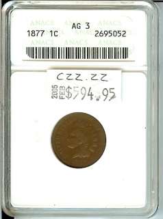 1877 AG3 Indian Head Cent Key Date ANACS Slabbed  