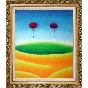 Two Contemporary Abstract Red Trees Oil Painting, with Ornate Antique 