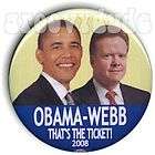   Barack OBAMA 2008 Pin Button VA. James WEBB VP Hopeful Pinback Badge