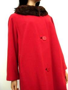 Vintage 50s 60s Long Red Cashmere Winter Coat L XL Brown Real Mink Fur 