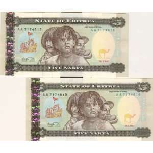   Notes 5 Nakfa Consecutive Serial Numbers Issued 1997 
