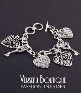 NEW Antique Silver Tone Heart & Key Charm Bracelet  