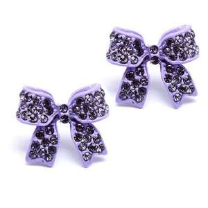  Fashion Crystal Pave Bow Ribbon Stud Earrings Purple 