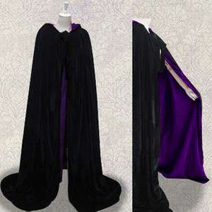 Black Velvet Cloak Purple silk Wicca Medieval Wedding  