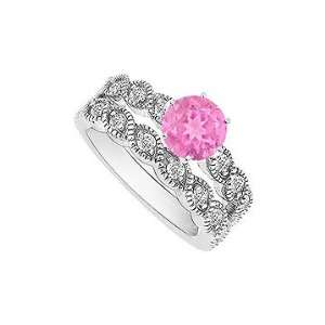 Pink Sapphire and Diamond Engagement Ring with Wedding Band Set  14K 
