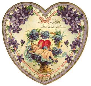 Valentines Day Fabric Block Vintage Postcard on Fabric Lavendar Heart 