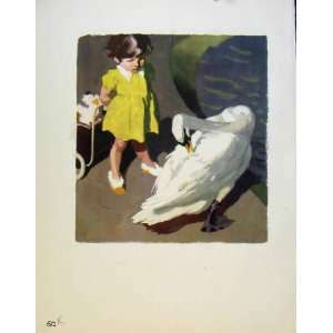  Young Girl And Swan Color Pen Drawing Old Print 1943