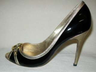 LUCIANO PADOVAN Black Patent & Metallic Gold Peep Toe Pumps Shoes Sz 
