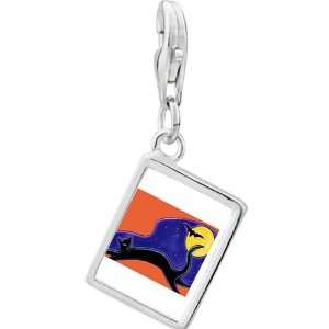   925 Sterling Silver Black Cat And Bat Photo Rectangle Frame Charm
