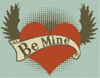 Be Mine Heart w/ Wings Silhouette Tattoo Banner Handmade Cross Stitch 