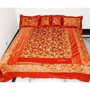 Catchy Silk bed sheet Bedspread with Floral Velvet Patch & Golden Work 